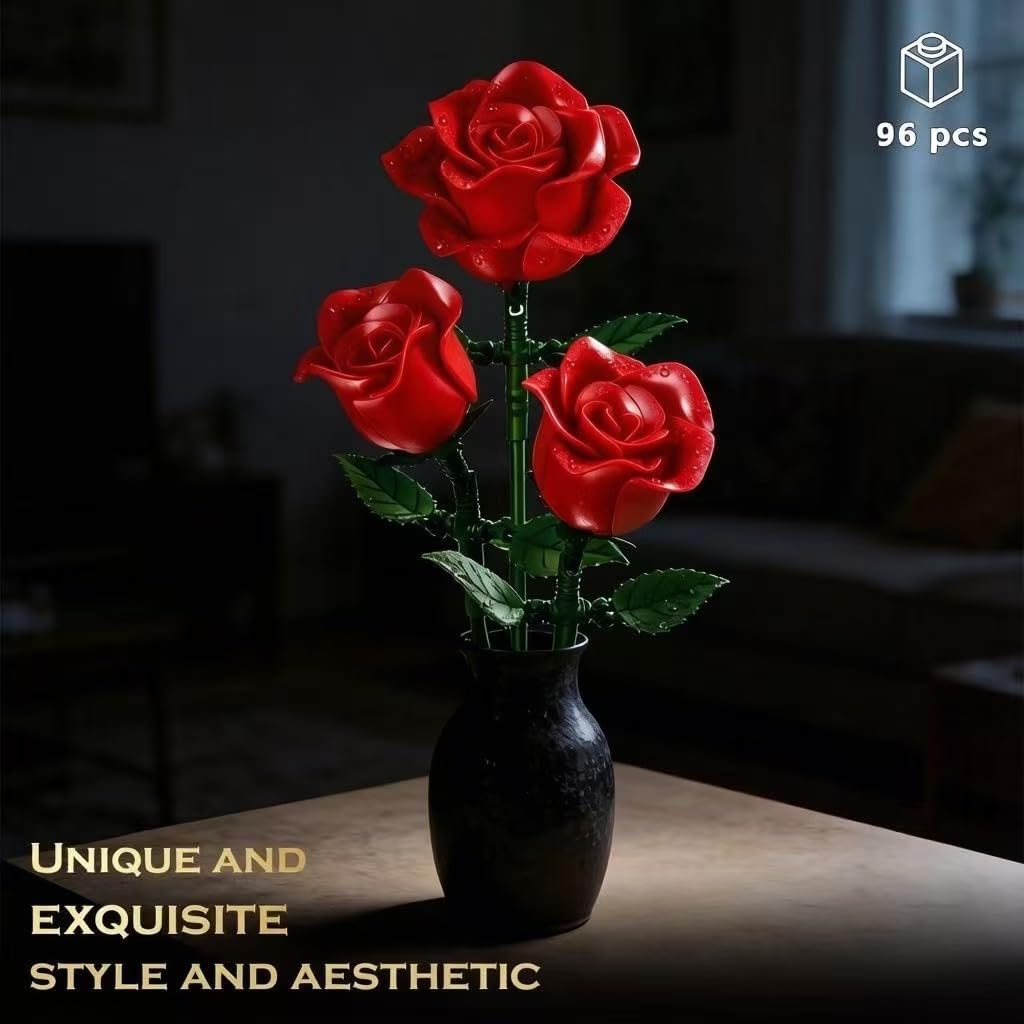 Red Rose Flower Bouquet Building Set for Adults - 3Pack, Compatible with Lego Flower, Valentine's for Her Girlfriend Wife, Artificial Flowers Collection for Home/Office Decor
