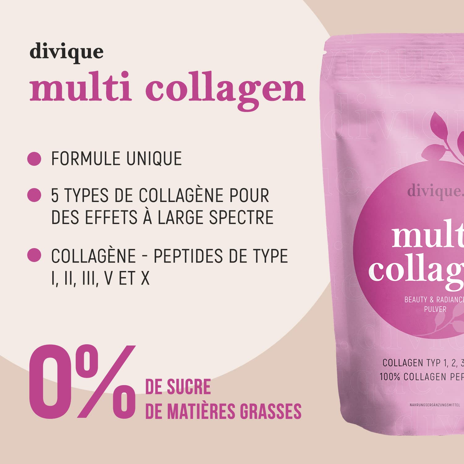 Divique poudre de collagène [500g] - premium multicollagène de type 1, 2, 3, 5, 10-100% peptides - 10 000 mg de collagène par jour - insipide, soluble, sans additifs