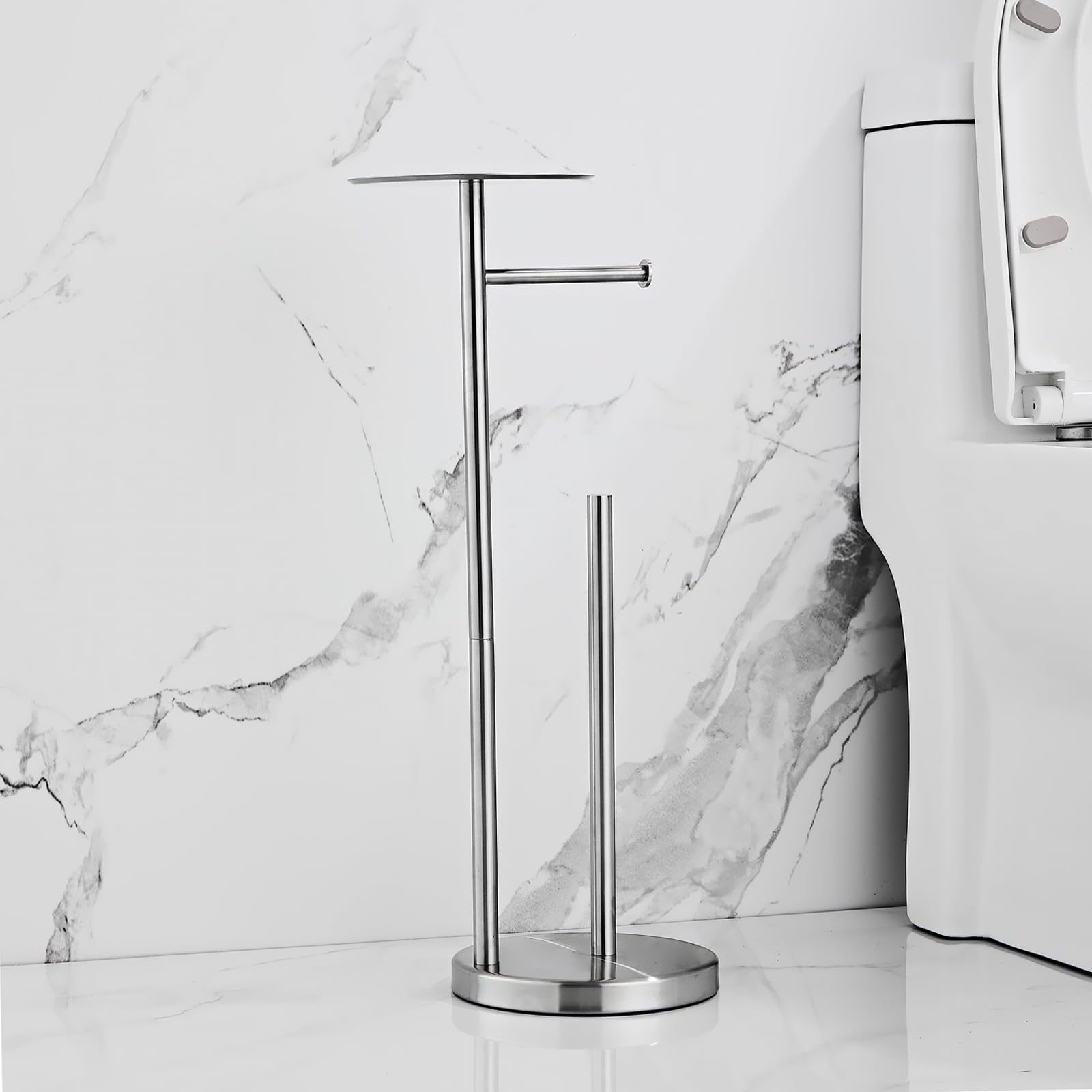 Free-standing Toilet Roll Holder, NEWRAIN Stainless Steel Free Standing Toilet Roll Holder with Shelf for Phone & Small Items - Image 3