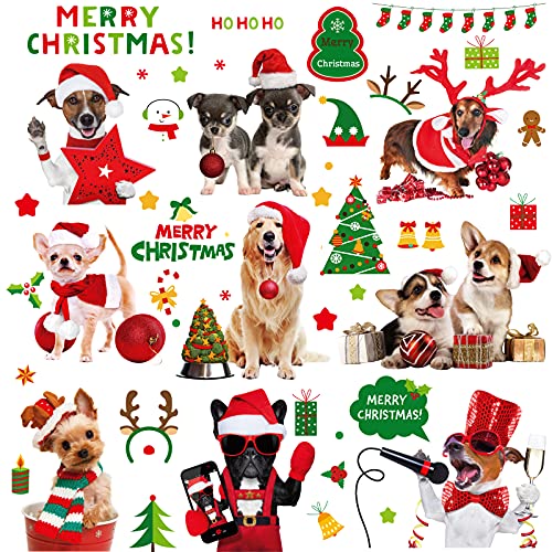 Christmas Window Cling Dog Stickers for Window Glass, 164 PCS 9 Sheets Xmas Decals Decorations Christmas Dog Tree Bells Decals for Holiday Party