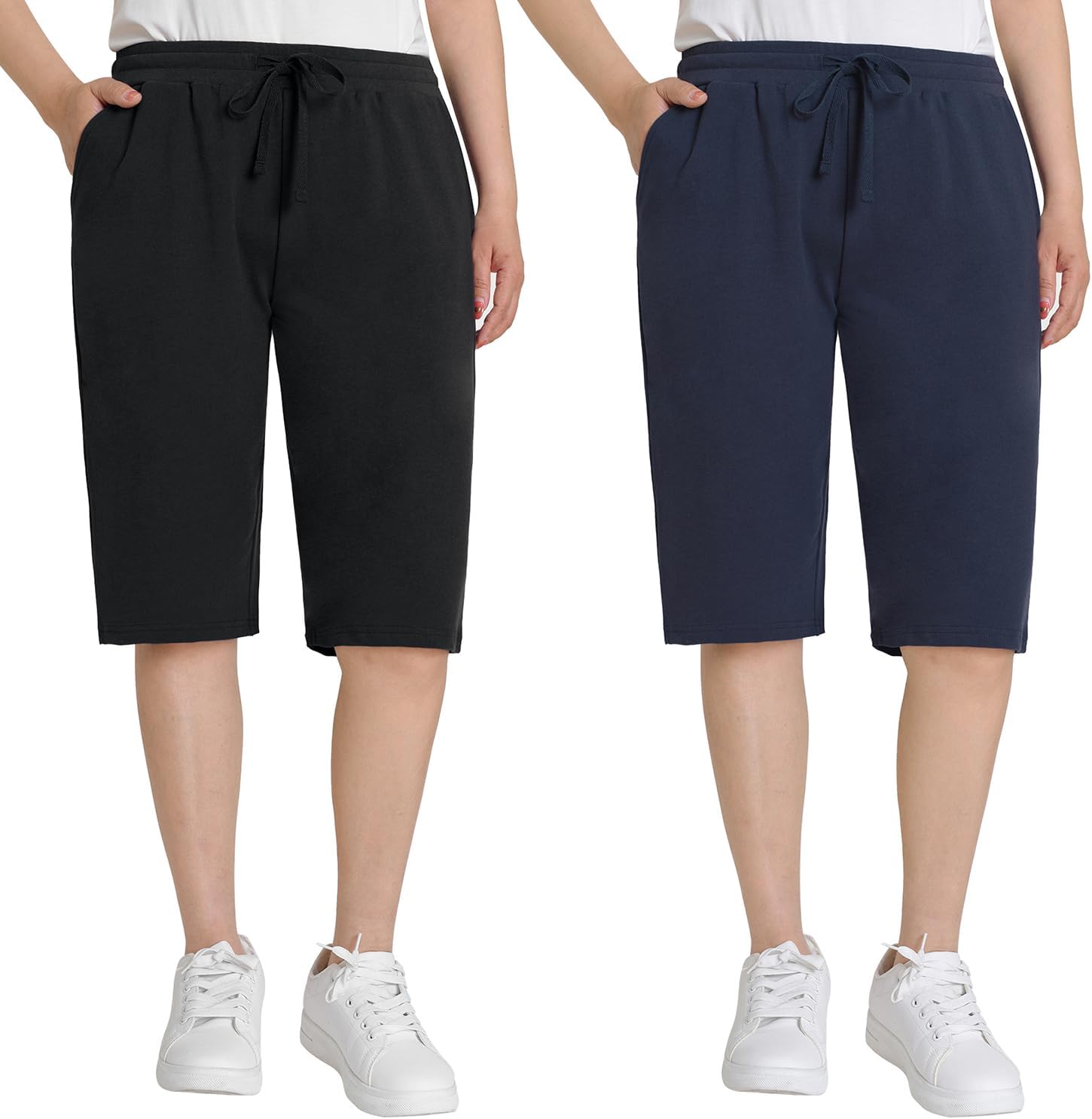 Weintee Women's 12" Cotton Long Bermuda Shorts Knee Length 2 Pack