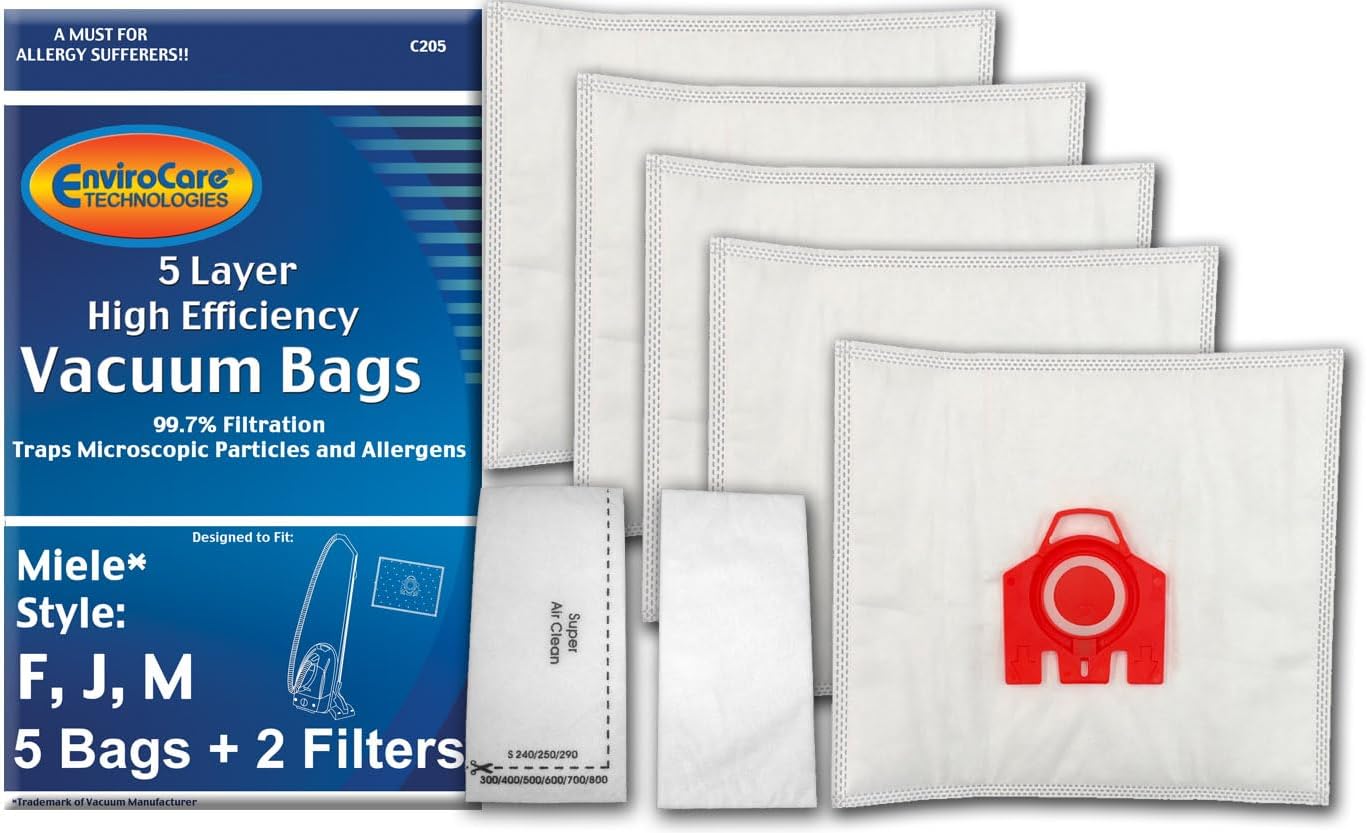 EnviroCare Replacement Allergen Vacuum Cleaner Dust Bags made to fit Miele AirClean 3D Canisters Style F J M 5 pack with 2 Filters