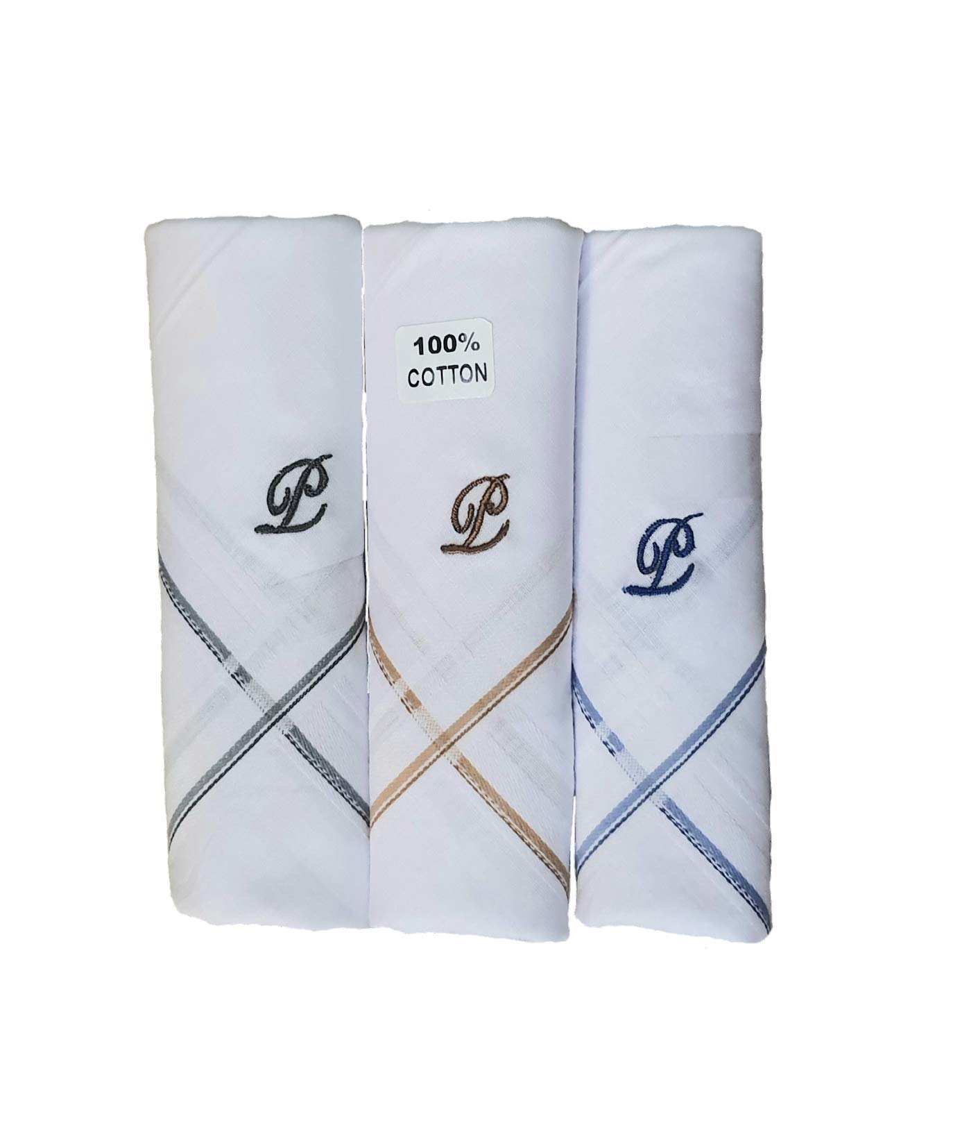 (Pack of 12 Men’s White Cotton Handkerchief Alphabet P …-image-42