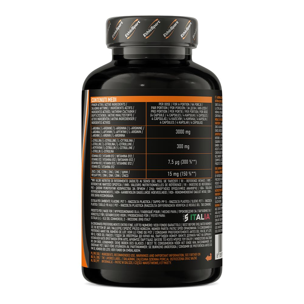 Arginina Active Power EthicSport – L-Arginina 3000mg con Citrullina, Zinco e Vitamina B12 – Integratore per sport di forza, potenza e attività intense – 120 capsule
