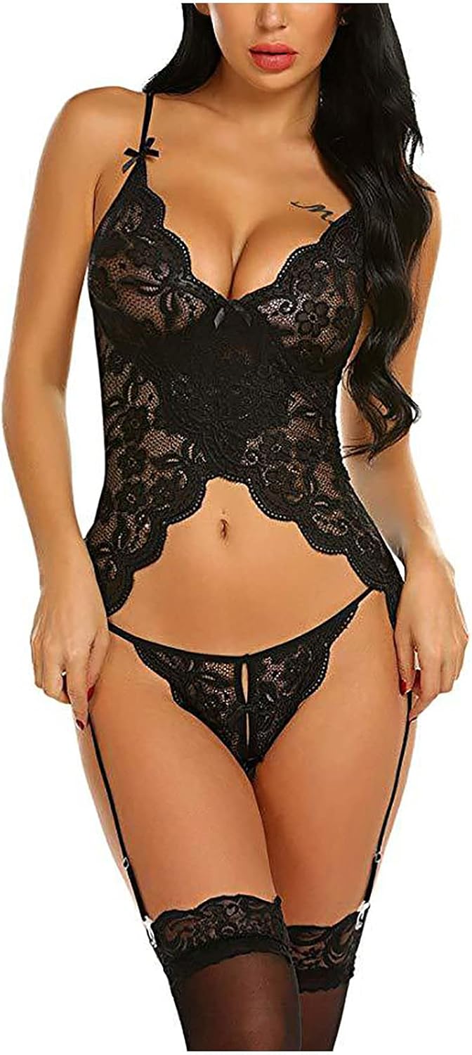 Sexy Lingerie for Women Sheer Lace One Piece High Cut Bodysuit V Neck Backless Floral Halter Teddy Negligee Babydoll