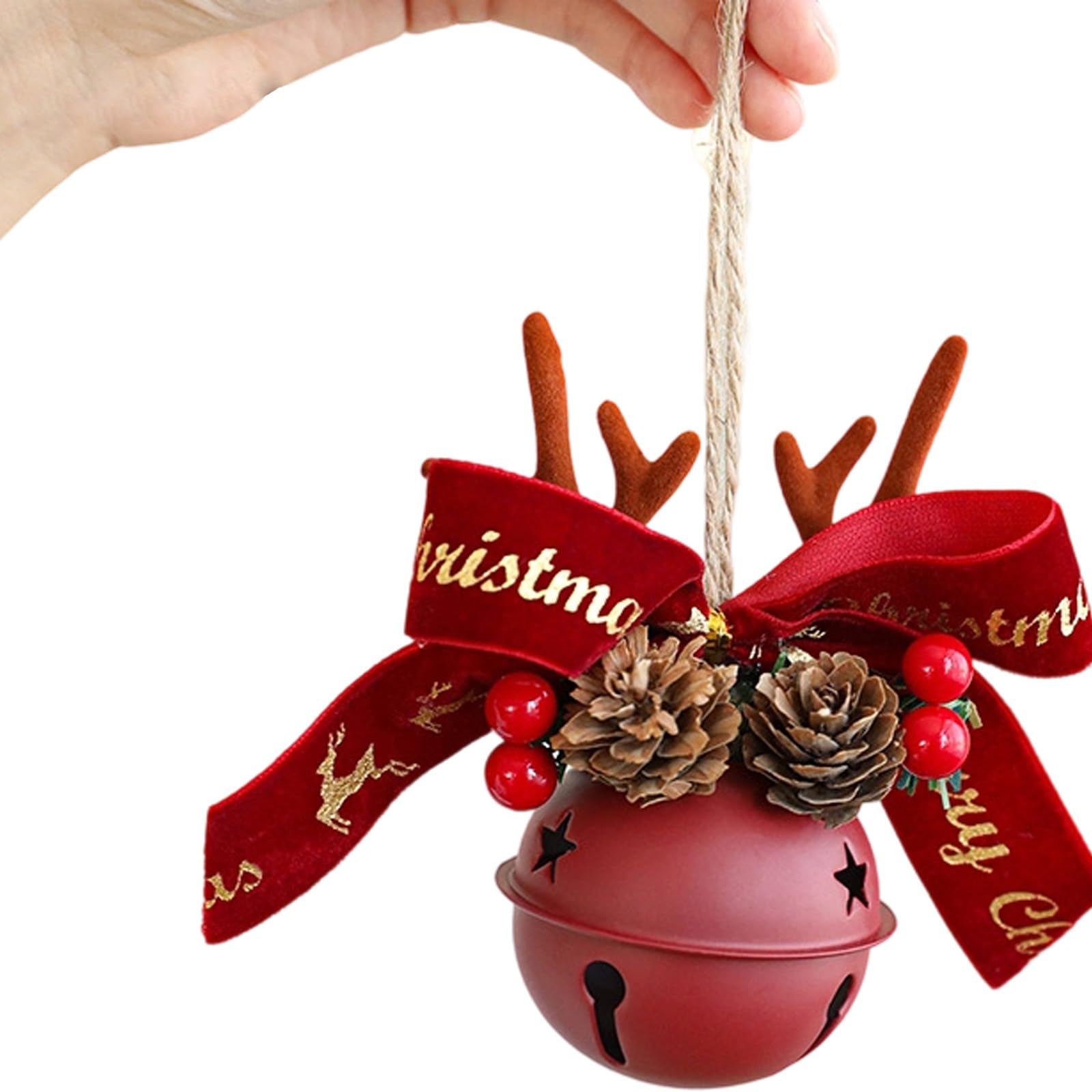 Christmas Tree Decorations Metal Bells with Antlers Pinecone Fabric Accent for Bells Decorations for Home Shop