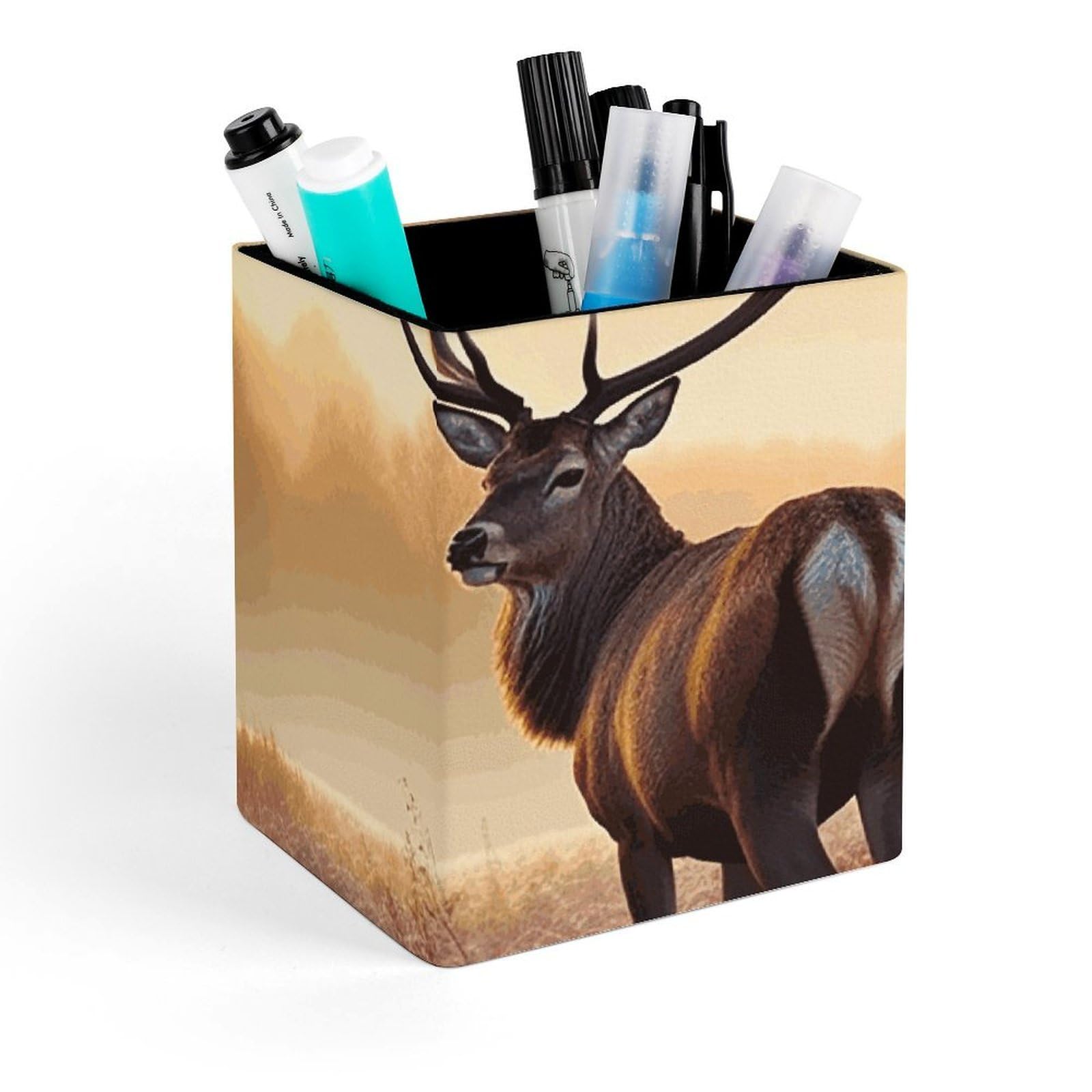 FekiLoot Landscape Deer Pencil Holder Square Leather Pen Holder Cup Modern Multi-Functional Pencil Cup Holder Decorative Desk Organizer Caddy Makeup Brush Holders for Desk Office