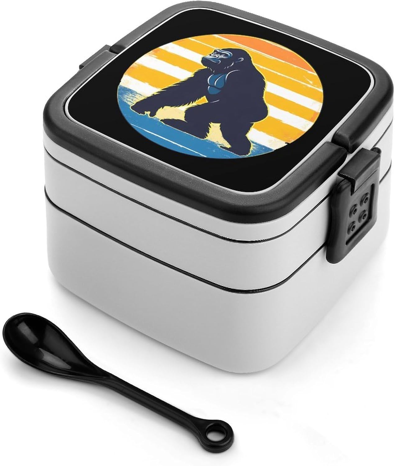 Vintage Gorilla Bento Box with Spoon 2 Layer Food Container Cute Lunch Box for Travel Dining Work