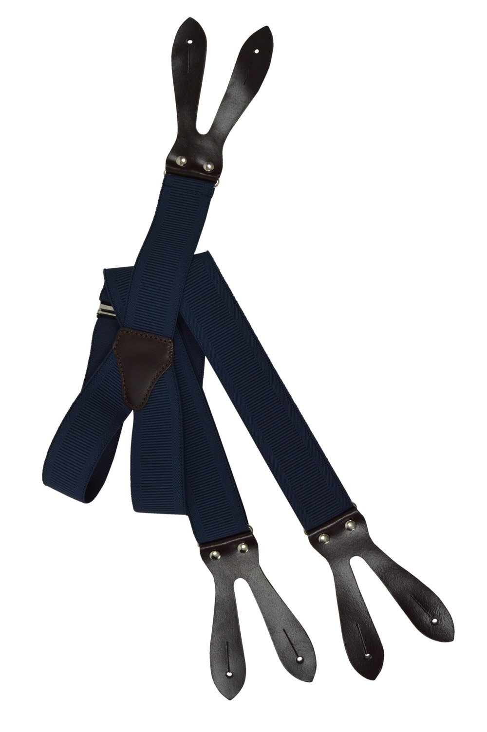 Olata Button-Down Formal Dress Suspenders/Braces with Dark Brown Leather, 3.5cm - Dark Blue