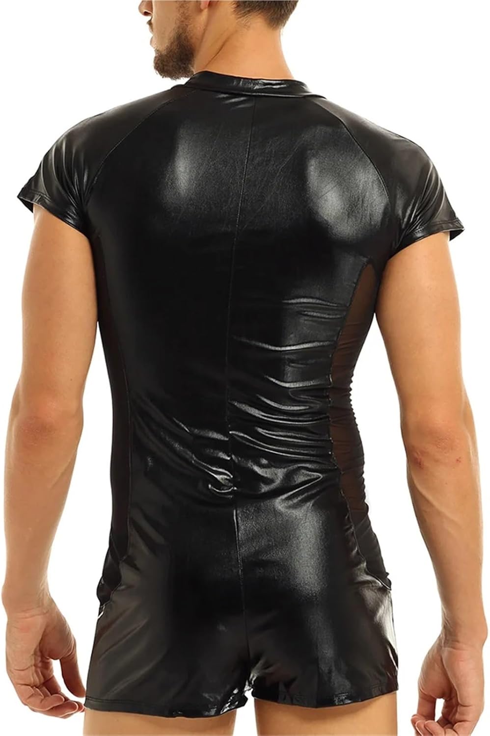 Mens Undershirts PU Leather Catsuit Jumpsuits Zip Open Crotch Bodysuit One-piece Leotard Wrestling Singlet Stage Dance