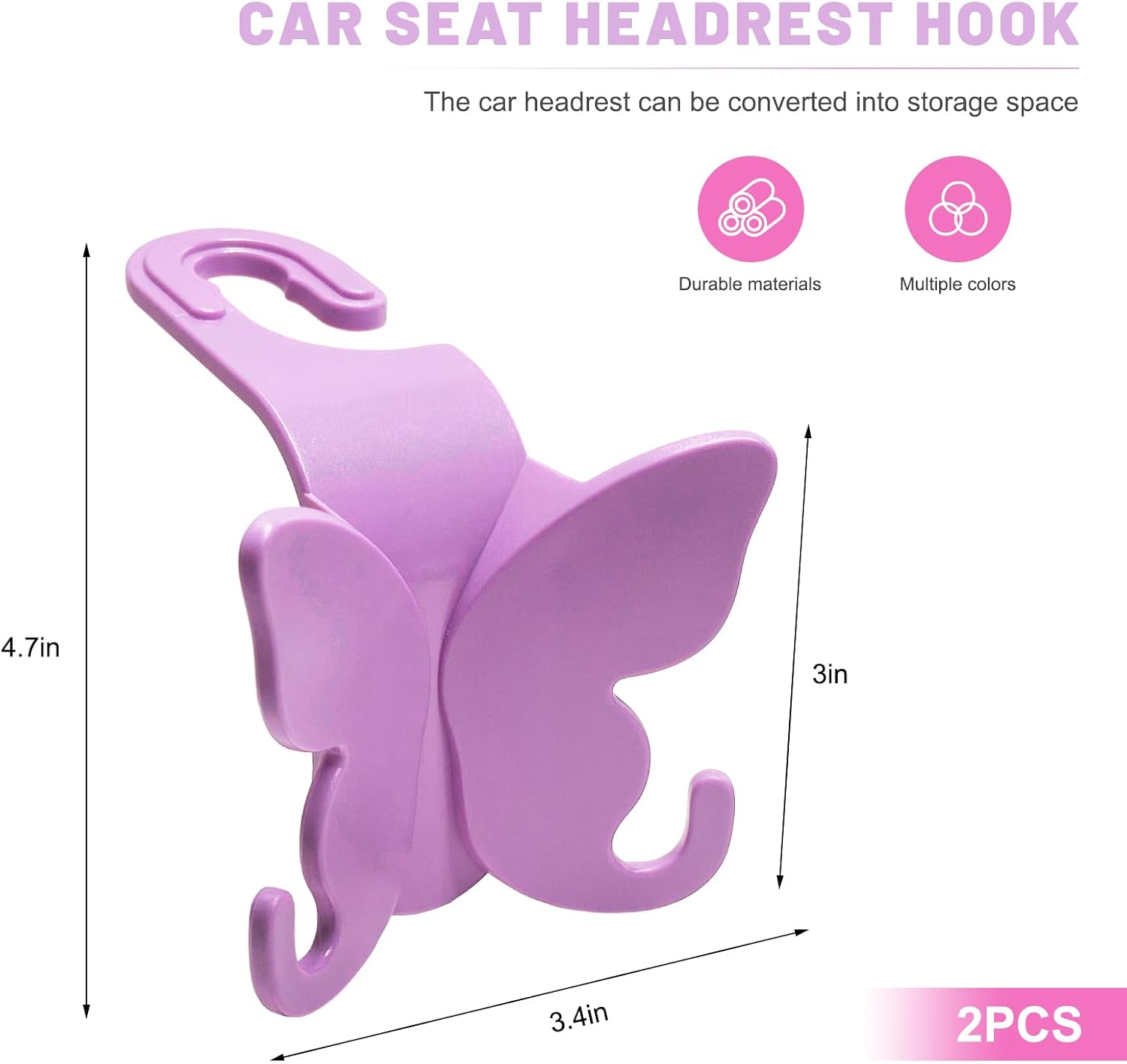 2 PCS Car Seat Headrest Hook, Butterfly Multipurpose Storage Hook Seat Back Purse Holder, Cute Butterfly Headrest Purse Hanger Interior Accessories for Car Truck SUV (Purple) image 2