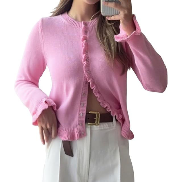 Women Y2K Cute Crew Neck Long Sleeve Ruffled Hem Button Down Cardigan Sweater Fall Open Front Knit Sweater