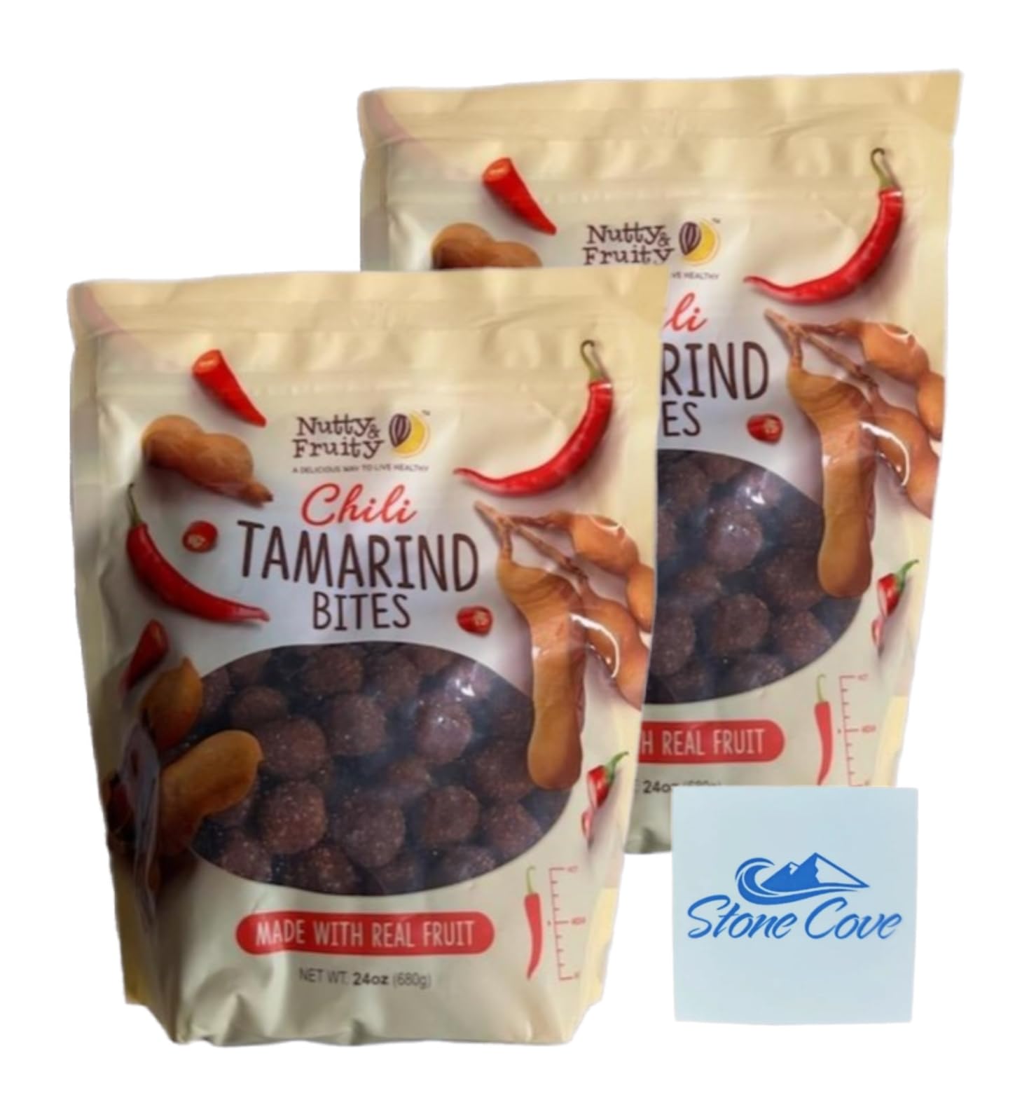 Nutty & Fruity Chili Tamarind Bites Bundle with Stone Cove Fridge Magnet - 26 oz Per Bag - Made with Real Fruit - Medium Spicy (2 Bags)
