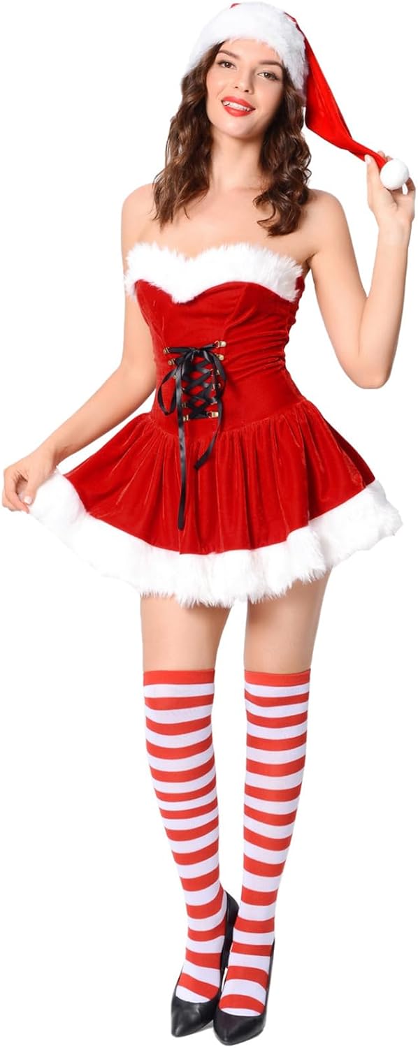 Sock,3 Pcs Women's Mrs. Clauses Costume Corsets Dress Stripe Over the Knee Socks Christmas Costume
