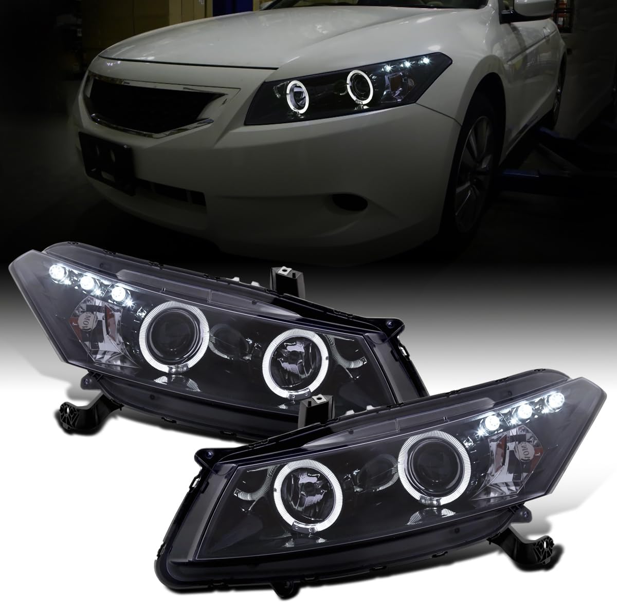 Ronnin - Fits 2008-2012 Honda Accord 2Dr Coupe LED Dual Halo Rims Running Lights Projector Headlights Assembly Pair | Black Smoke