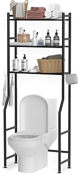 GloTika 3-Tier Over The Toilet Storage, Space Saver Metal Bathroom Shelves, Freestanding Above Over Toilet Storage Shelf with 4 Hooks for Bathroom, Black