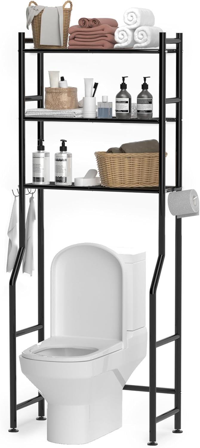 GloTika 3-Tier über die Toilette Lagerung, Platzsparer Metall Badezimmer Regale, freistehend über die Toilette Lagerung Regal mit 4 Haken für Badezimmer, schwarz