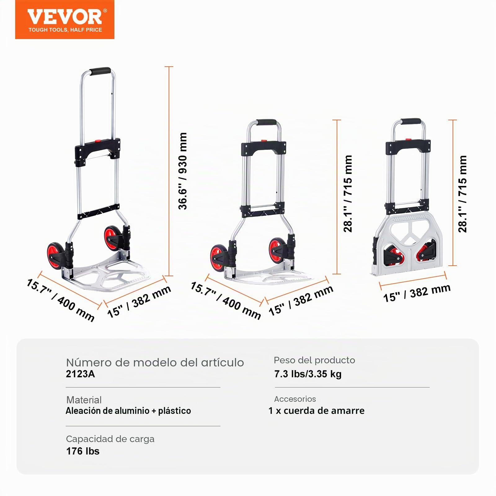 VEVOR Carretilla de Mano Plegable de Aluminio Carga de 80 kg Carro de Mano de Alta Resistencia con Ruedas de Goma Mango Telescópico para Transporte Doméstico, Mercancías de Almacén Supermercado