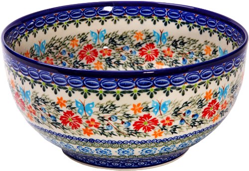 Polish Pottery Ceramika Boleslawiec Royal Blue Patterns with Red Cornflower and Blue Butterflies Motif, Bowl 23, 10-Cups,