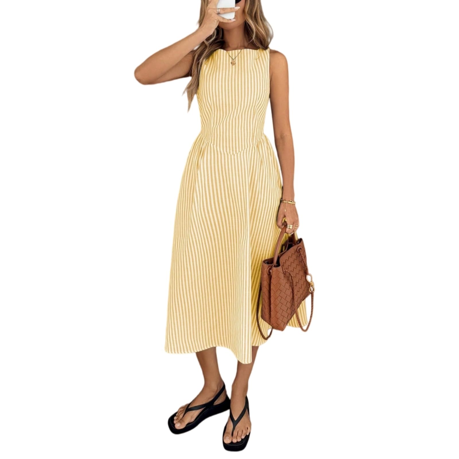 Vestito Abito A Righe Senza Maniche da Donna Estate Slim Fit Midi Dress con Design Verticali, Elegante Casual per Le Vacanze-Yellow-m