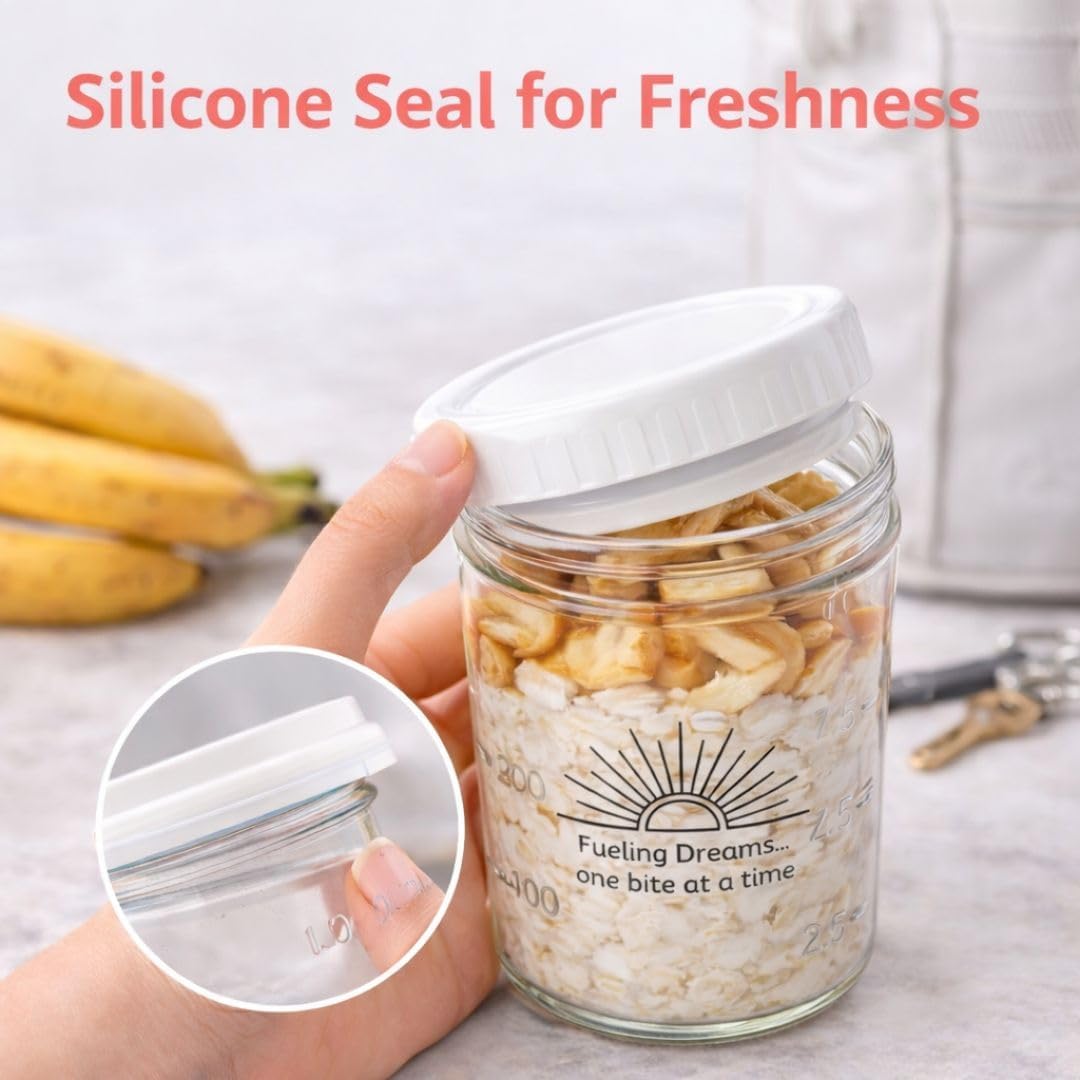Overnight Oats Jar with Spoon, 10 oz Glass Portion Control Container, Dishwasher Safe with Silicone Seal, Spoon Holder Ring, For Yogurt Parfait, Chia Pudding & Snacks (4)