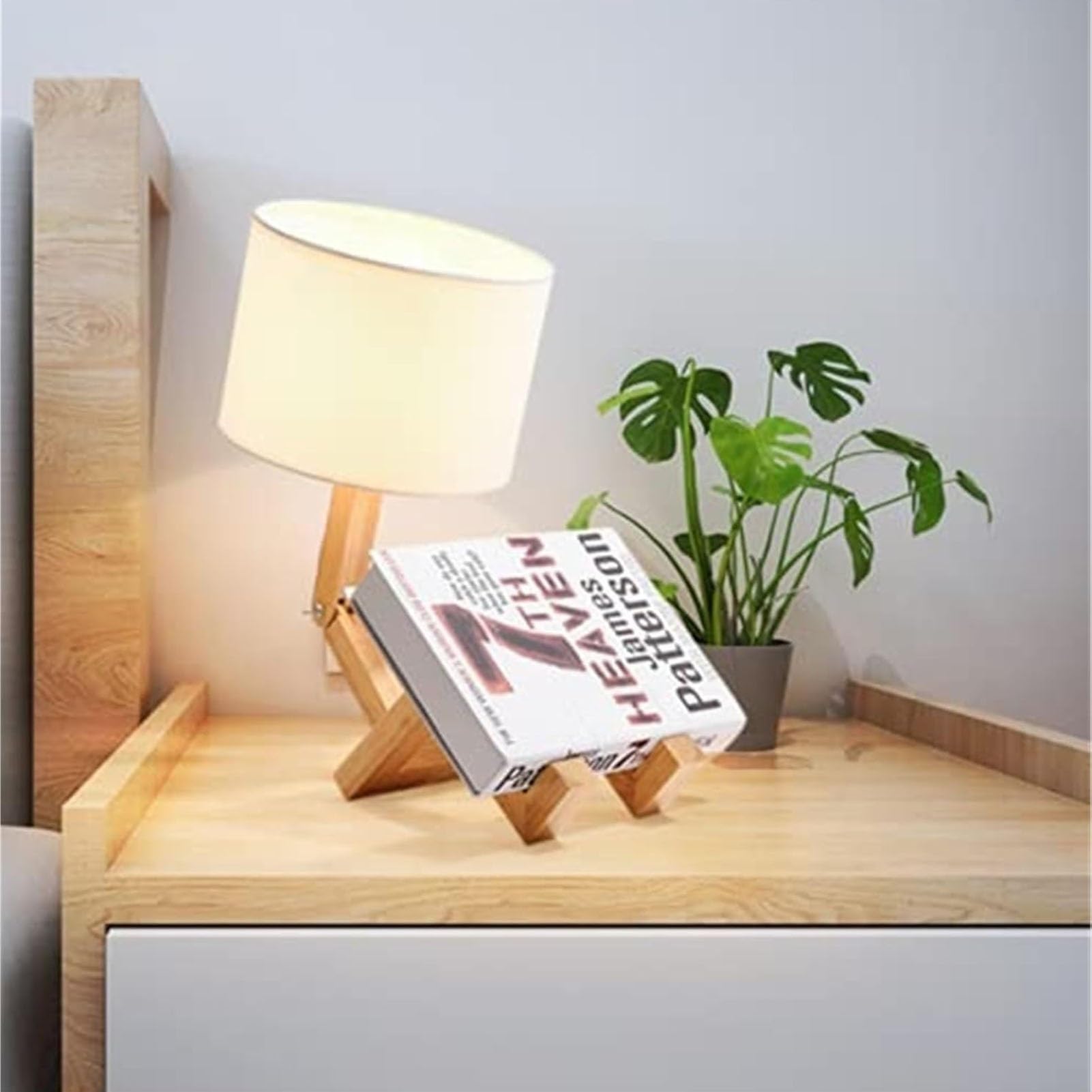 Urocza lampa biurkowa robota, kreatywne lampki nocne, posiada podstawę lampy E27, z kloszem z tkaniny, składanym drewnianym korpusem, do gabinetu, biura, salonu oświetlenie dekoracyjne