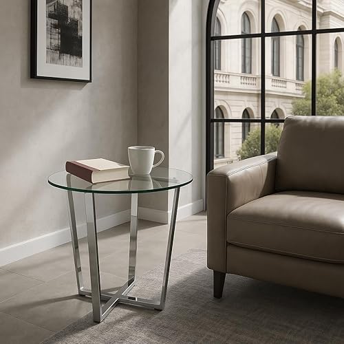 Miniatura 15 de Mango Steam Mesa de centro redonda de cristal de metro para sala de estar y comedor, parte superior transparente/base negra Vidrio transparente y