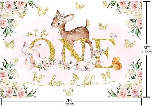 Miniatura 9 de Telón de fondo de primer cumpleaños de ciervo de 8 x 6 pies para niña, diseño floral rosa dorado con diseño de conejito de mariposa "Isn't She One"