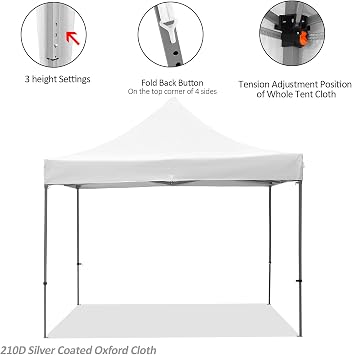 10ft x 10ft Pop Up Canopy Outdoor Portable Shade Instant Folding Party Tent, Height Adjustment, Sturdy High Grade Steel Frame, Portable Wheeled Carrying Bag, White
