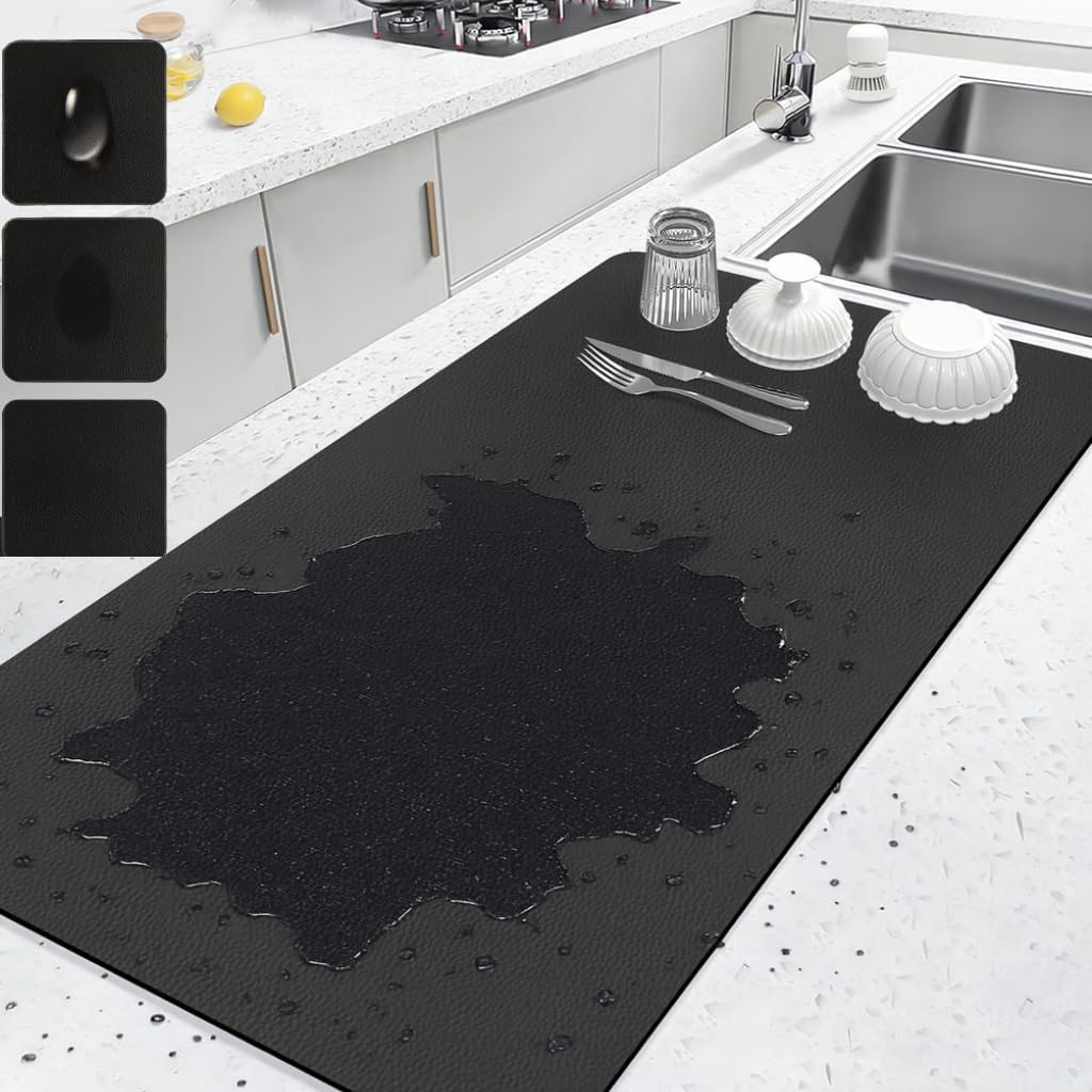 Quick Water Absorbent Dish Drying Mat for Kitchen, 40x60 cm Quick Dry Rack Mat, Anti-Slip Rubber Backing, Multi-Purpose Mat for Utensils, Coffee, Pets & Kitchen Slab (Black, Large)-image-29