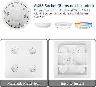 Klighten Klighten Plafondlamp met 4 spots, fitting GX53, moderne vierkante plafondlamp van ijzer, 4 spots voor keuken, slaapkamer, woonkamer, hal, 40 x 40 cm, wit, lamp niet inbegrepen photo 3