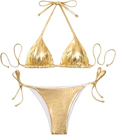 Womens Metallic Shiny Bathing Suit High Waisted Triangle Tie Side Swimsuit Bikini Set