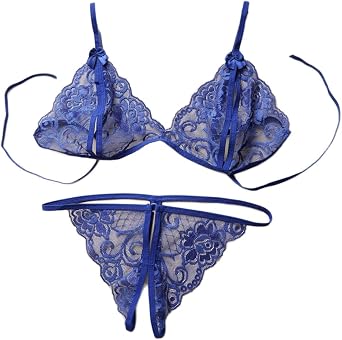 ONE LADY Sexy Bra T-back Set, Womens, Lace, Sheer Lingerie, Bra, Panties, Underwear, See-Through Bra, Open Crotch T-back, Womens, Free Size Blue, Free Parallel Import, blue, Free size
