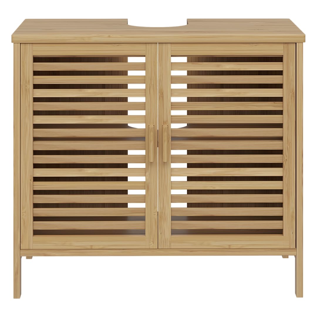 Bellamio Newa Waschbeckenunterschrank Bambus – Badezimmer Unterschrank für Waschbecken mit 2 Türen – Badunterschrank mit 2 Fächern – Waschtischunterschrank Bad 60x65x33 cm