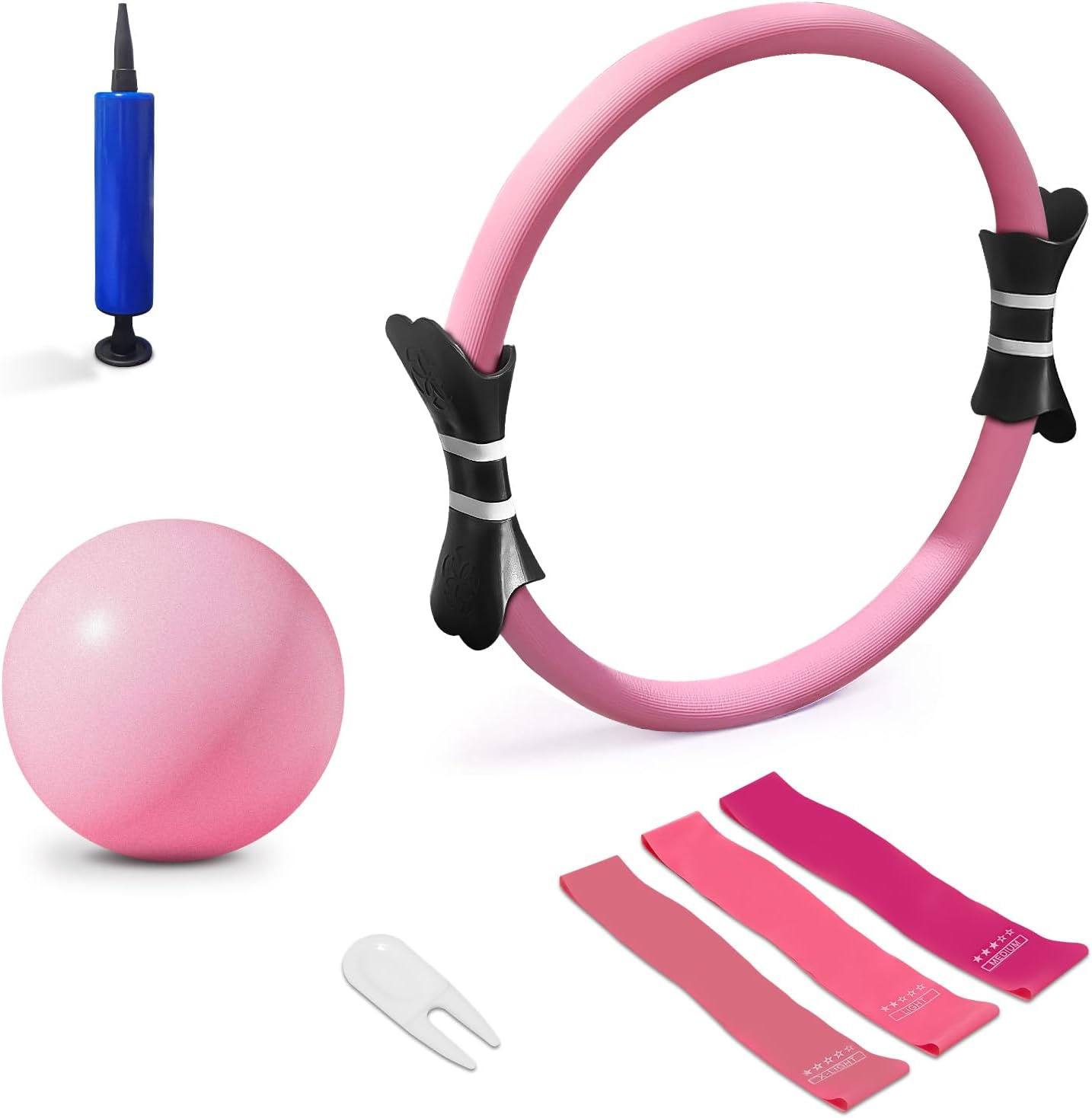 Pilates Ring Equipment Set - 35 cm Magic Circle with Dual Padded Handles, 9" Plates Ball, 3 Level Resistance Bands (10/20/30 lbs) - Home Pilates Essentail Kit for Women,Toning, Strength (pink)