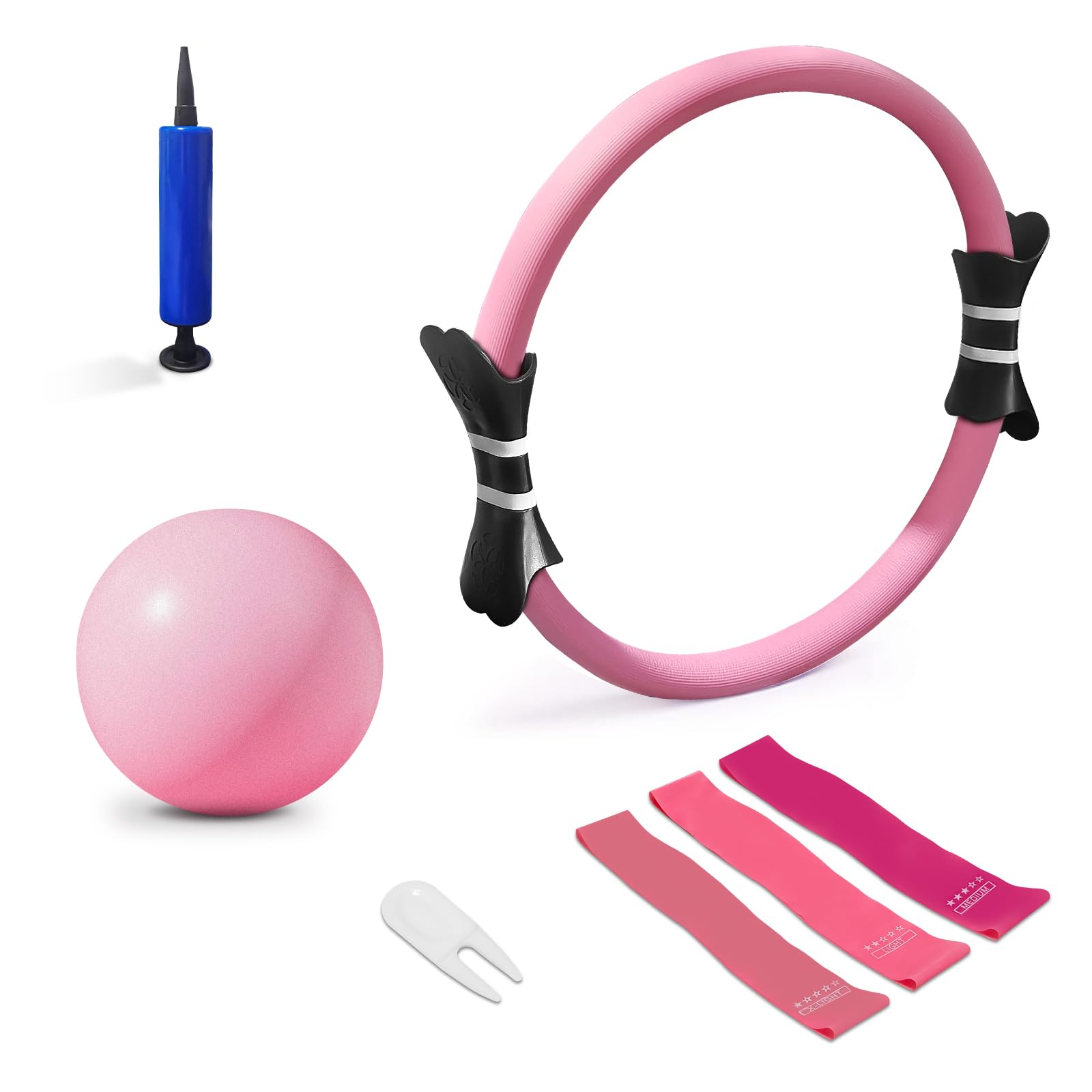 Pilates-Ring-Set–14 inch Magic Circle inkl.Miniball,Widerstandsbändern,Anleitung & Tasche | Komplett-Set für effektives Training zu Hause