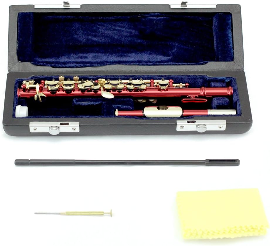 Sky Band Approved Piccolo Key of C with Hard Case, Cloth, Cleaning Rod, Joint Greasae and Screw Driver, Beautiful Sound (Red/Gold)