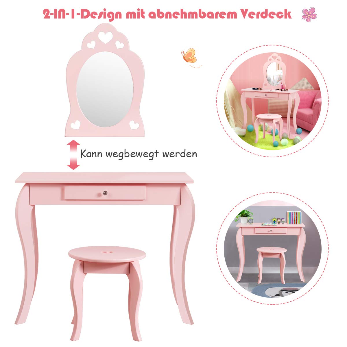 COSTWAY Kinder Schminktisch mit Hocker und Abnehmbarer Spiegel, Mädchen Frisiertisch Holz, Kindertisch mit Schublade, Spiegeltisch 70x34x105cm (Pink)