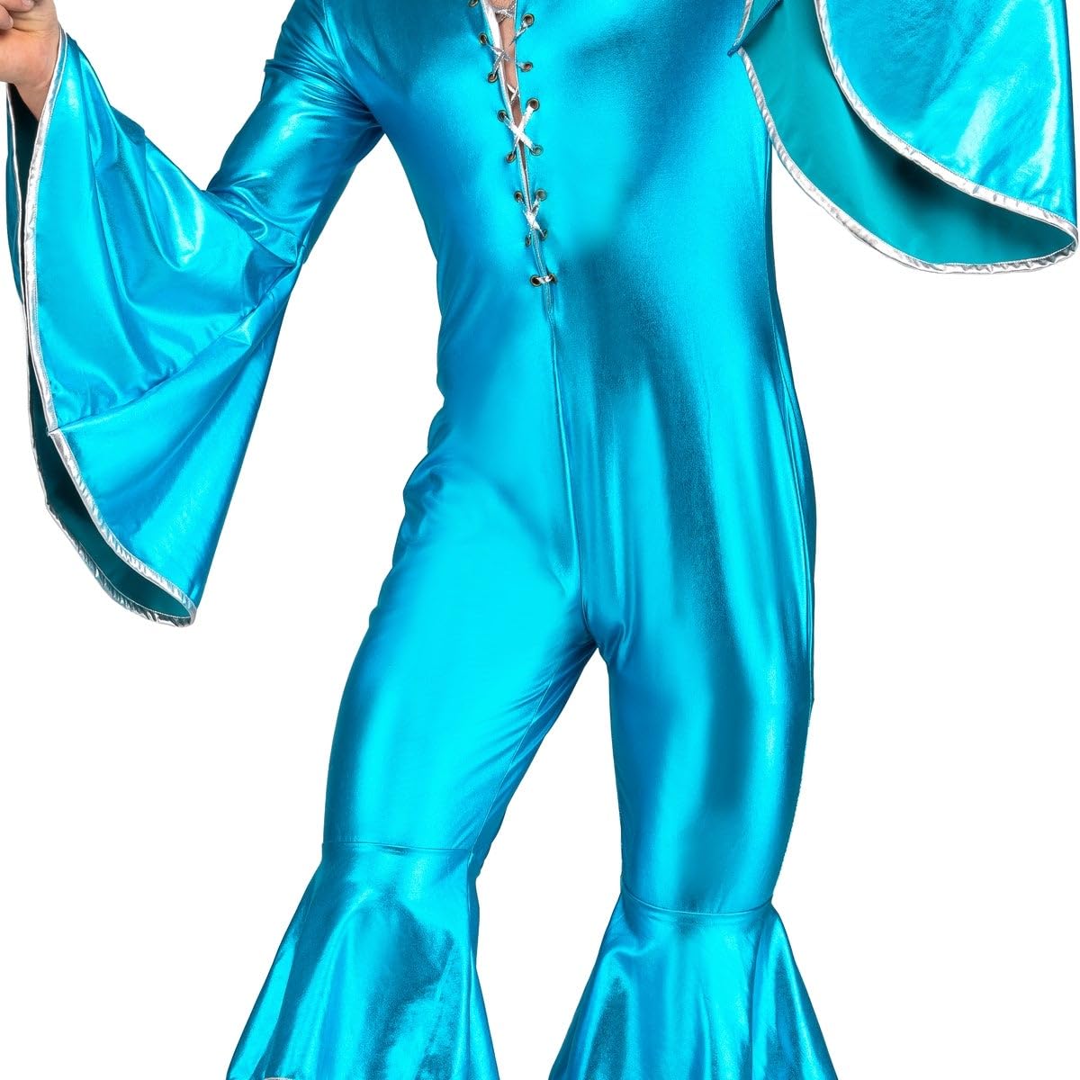 My Other Me - Disfraz Disco Hombre. Incluye mono azul brillante con mangas y pantalones acampanados decorados con volantes y ribetes y detalles en plateado. Brilla con estilo.