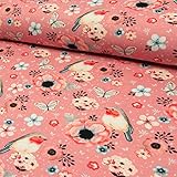BREITE: ca. 150 cm Jersey Stoff Vögel & Blümchen rosa - Preis Gilt für 0,5 Meter -