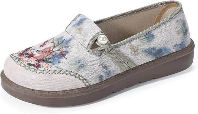 Womens Embroidered Casual Shoes - Comfortable Flat Walking Shoes with Elastic Collar for Daily Wear