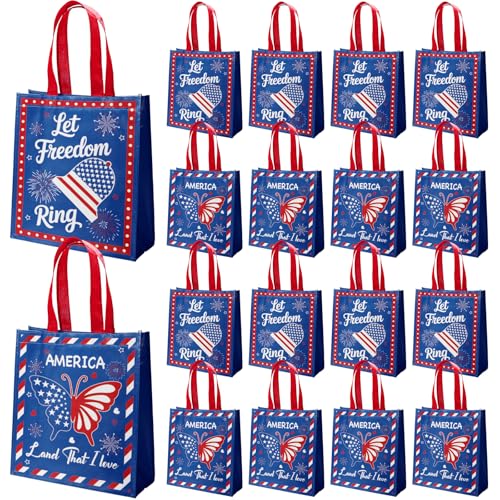 tmlfep 20 Pcs 4th of July Patriotic Gift Bags with Handles Reusable Non Woven Red Blue White 250th Anniversary Treat Goodie Bags for Wrapping Memorial Day Independence Day Party Favor