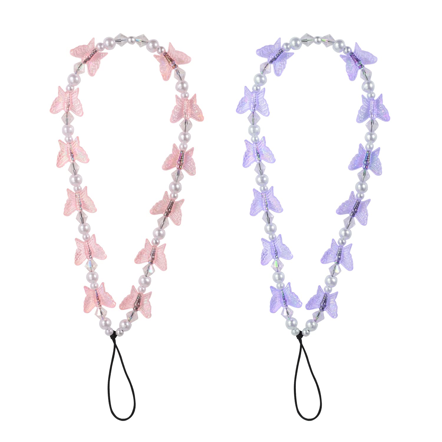 2pcs Beaded Phone Bracelet Strap, Crystal Butterfly Pearl Beaded Phone Charm Strap Hand Wrist Lanyard for Telephone Keychain Charm for Women Girls (Purple, Pink)