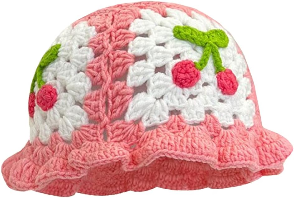 Crochet Bucket Hat for Women Handmade Knit Hats Summer Floral Skull Cap Knit Bucket Hats for Women