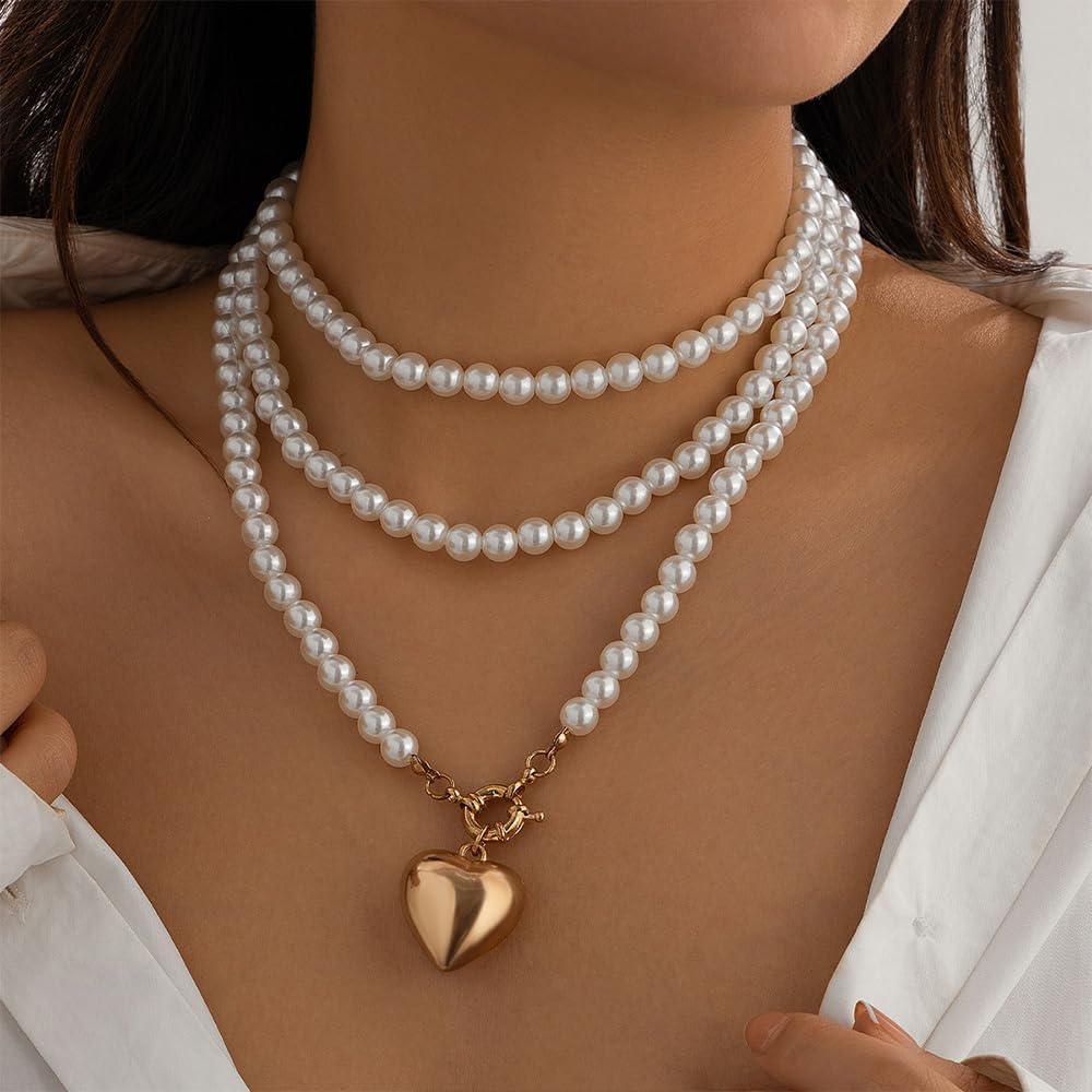 Long White Pearls Beaded Puffy Heart Pendant Necklace for Women Long Fake Baroque Pearl Beads Choker Necklaces Personalized Layering Statement Jewelry - Image 4