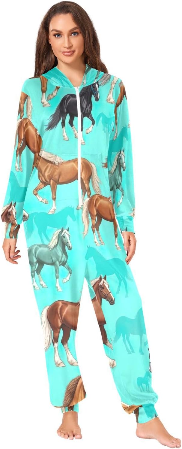 GAIREG Horse Turquoise Onesie Pajamas for Women, Mens Womens Onesie Christmas Pajamas