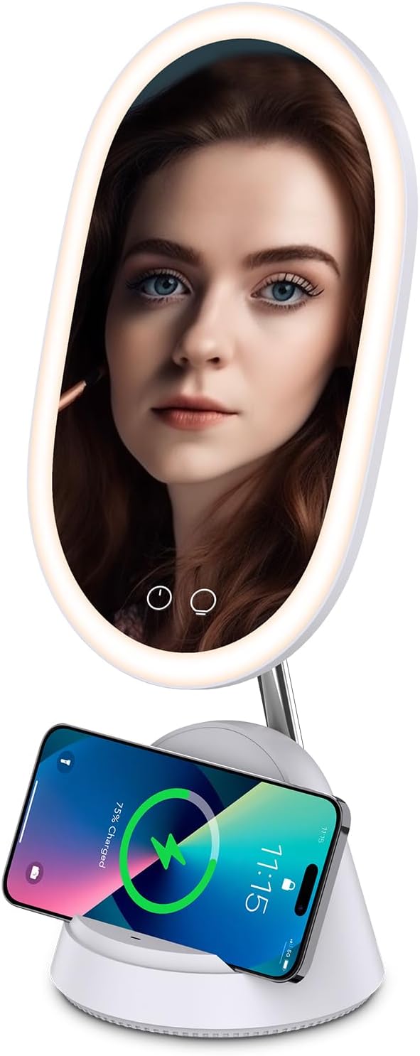 WILITVanity Mirror with Lights - 3 Color Temperature, Detachable Magnifying(3X) Mirror for Detail Makeup, Cellphone Wireless Charger, LED Mirror for Bathroom Bedroom College