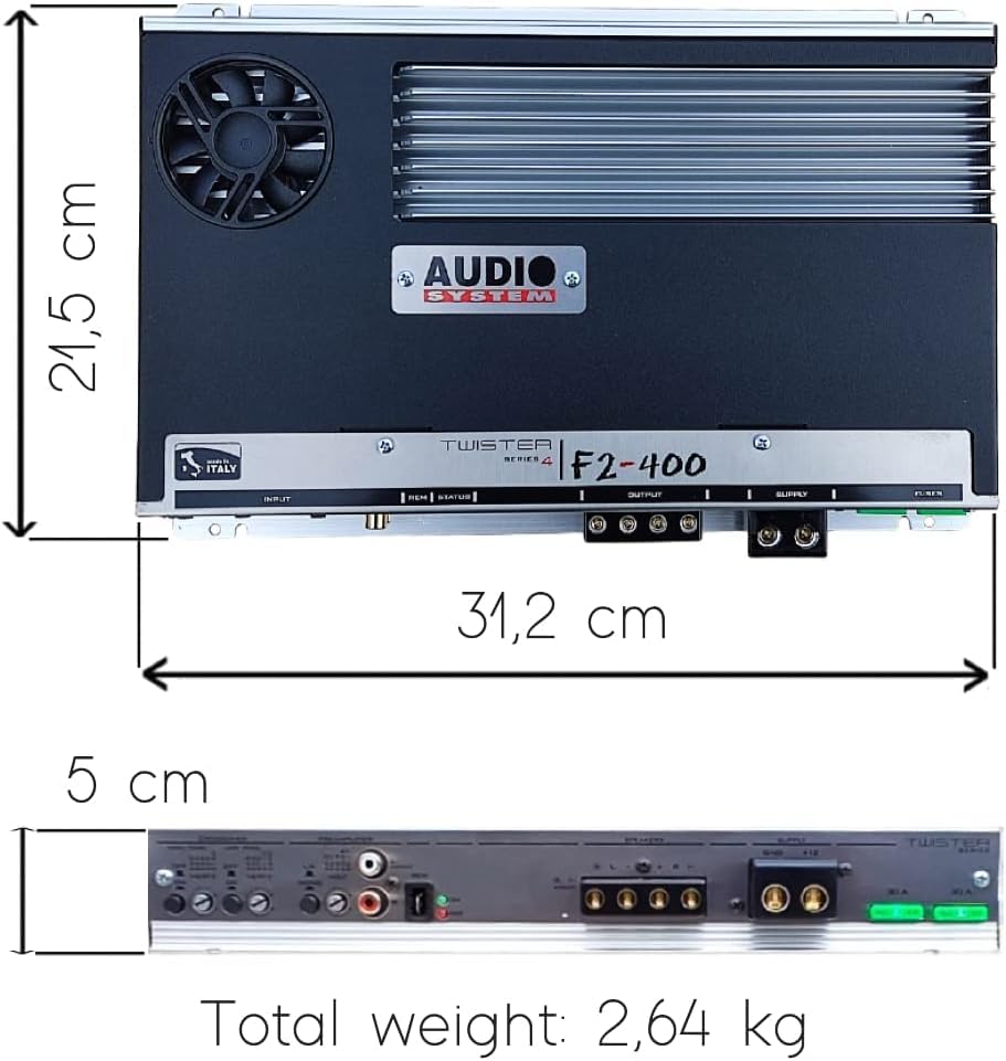 KIT SET PER AUDIO SYSTEM F2-400, 1 amplificatore 2 canali 2 x 280 watt rms a 2 ohm, spl, bagagliaio, cofano, auto, 1 pezzo + 3 sticker omaggio