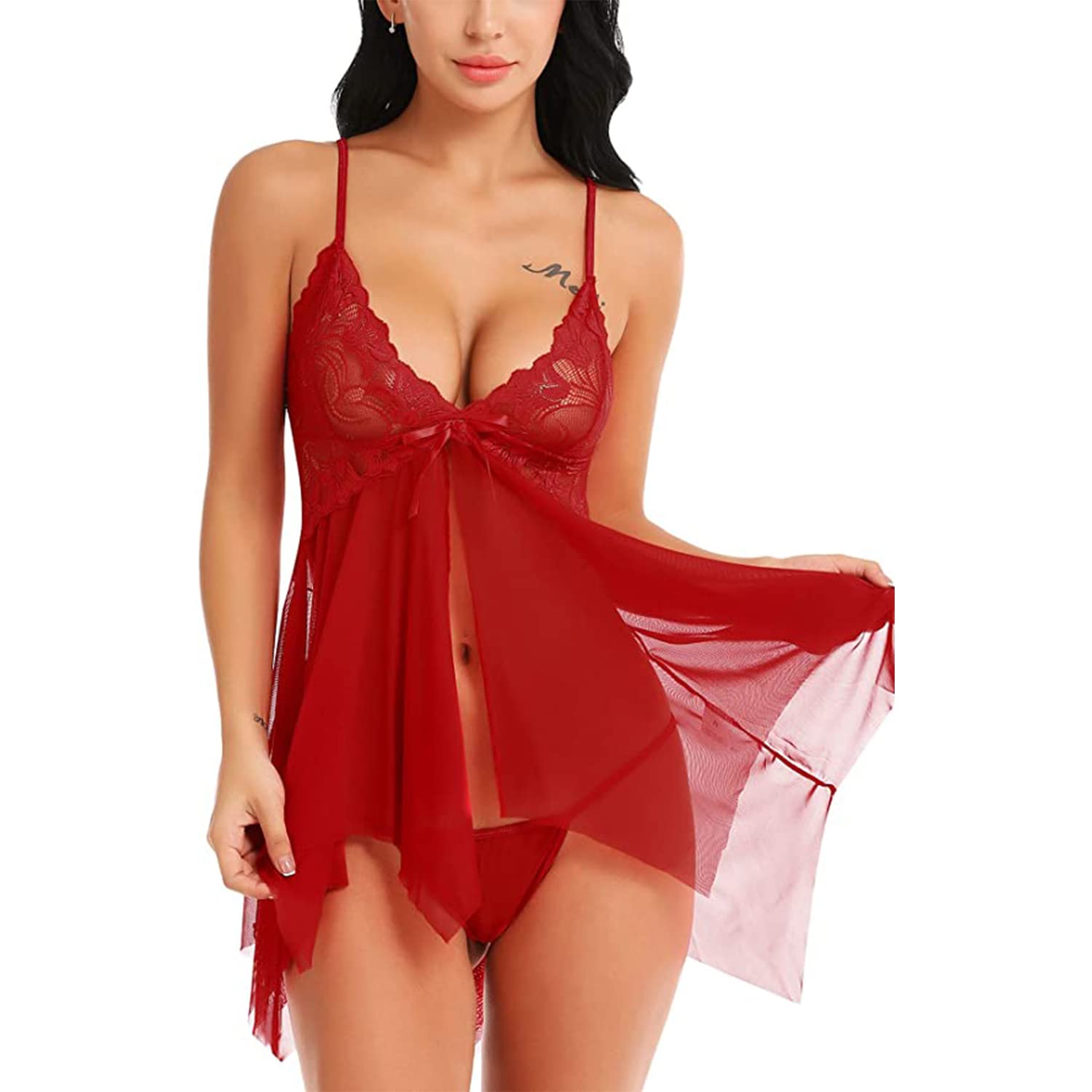 klovvy Women's Polyamide, Spandex & Lace Plain Above Knee Baby Doll, Nighty for Honeymoon | Sexy Dress for Girls (Free Size, Wine)-picture-14