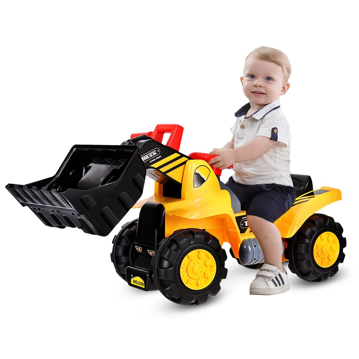 RELAX4LIFE Sitzbagger Kinder, Kinderbagger, Spielzeugbagger mit Schaufel & Lenkrad & Soundtasten & Staufach, Rutscher Bagger bis 25 kg belastbar, für Kinder ab 3 Jahren, inkl. 3 Steine, Helm